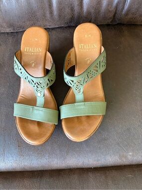 Italian Shoemakers Olive Green Leather Laser-Cut Slide Sandals